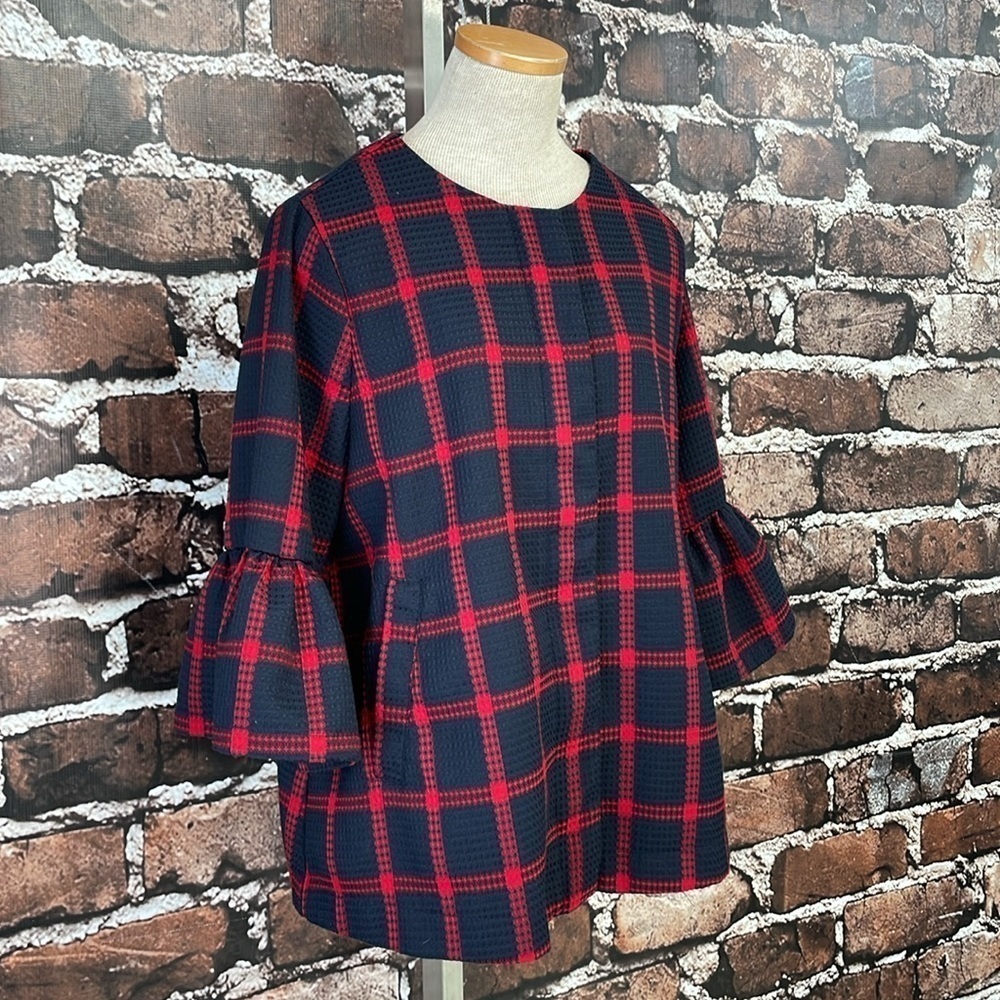 Entro Jacket Women's M Medium Blue Red Plaid Flare Sleeves Waffle Full Zip - Picture 8 of 16
